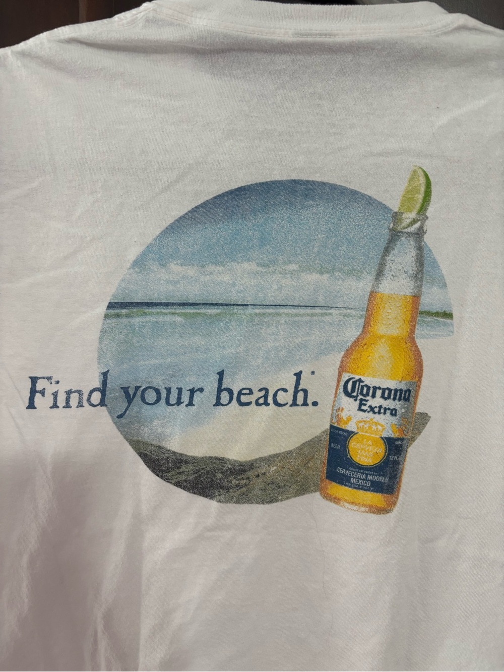 Corona White Tee with Beach Bottle Graphic
